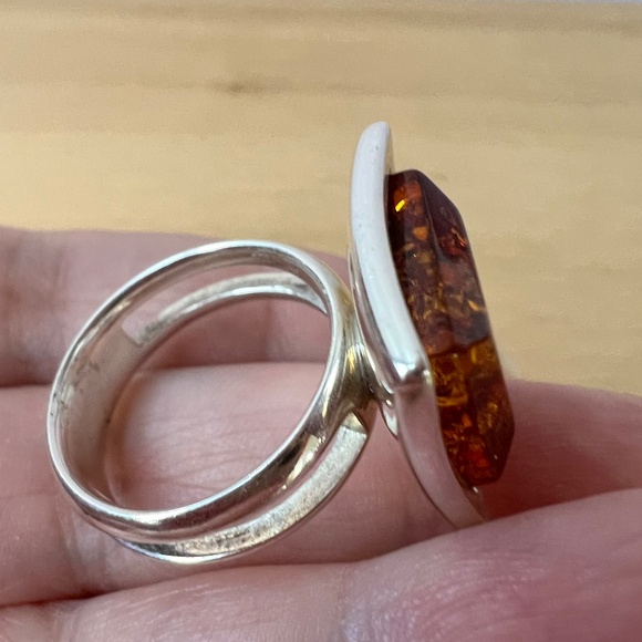 VINTAGE LARGE MODERNIST STATEMENT DESIGNER AMBER RING 925 STERLING SILVER